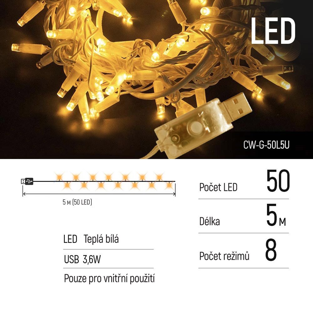 COLORWAY LED řetěz/ vnitřní / 50 LED / délka 5m / teplá bílá/ 8 funkcí/ napájení USB