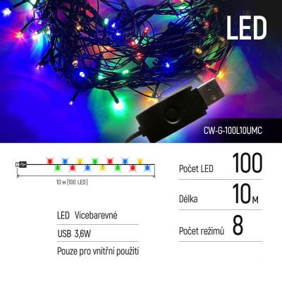 COLORWAY LED řetěz/ vnitřní / 100 LED / délka 10m / více barevný/ 8 funkcí/ napájení USB