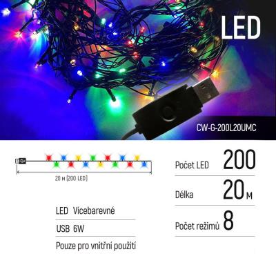COLORWAY LED řetěz/ vnitřní / 200 LED / délka 20m / více barevný / 8 funkcí/ napájení USB