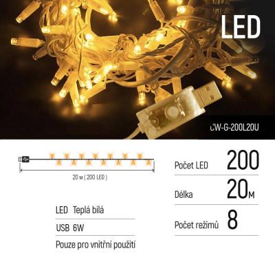 COLORWAY LED řetěz/ vnitřní / 200 LED / délka 20m / teplá bílá/ 8 funkcí/ napájení USB
