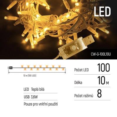 COLORWAY LED řetěz/ vnitřní / 100 LED / délka 10m / teplá bílá/ 8 funkcí/ napájení USB