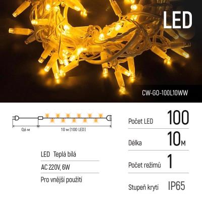 COLORWAY LED řetěz/ IP65 / 100 LED / délka 10m / teplá bílá/ napájení AC, 220V, 6W