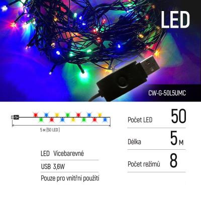 COLORWAY LED řetěz/ vnitřní / 50 LED / délka 5m / více barevný/ 8 funkcí/ napájení USB