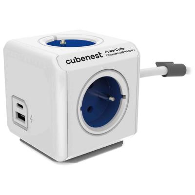 Cubenest Powercube Extended USB PD 20W, A+C, 4× zásuvka, 1,5m, bílá/modrá, dětská pojistka, uzemnění, dok, 10A/250V