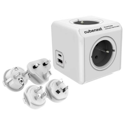 Cubenest Powercube ReWirable USB PD 20W, A+C, 4× zásuvka, bílá/šedá, 4 cestovní koncovky, dětská pojistka, uzemnění