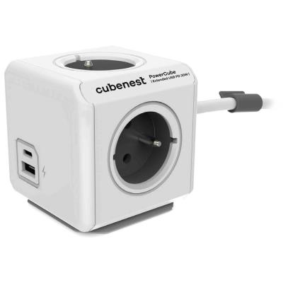 Cubenest Powercube Extended USB PD 20W, A+C, 4× zásuvka, 3m, bílá/šedá,  dětská pojistka, uzemnění, dok, 10A/250V