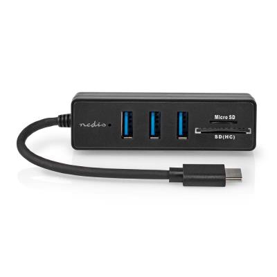 NEDIS USB hub/ zástrčka USB-C zástrčka/ 3x zásuvka USB-A/ 5 Portů/ USB 3.2 Gen 1/ 5 Gbps/ SD & MicroSD/ černý/ blistr