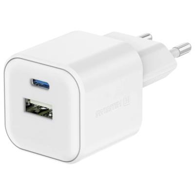 Swissten síťový adaptér gan 1x usb-c 35w pd + 1x usb-a 27w qc bílý