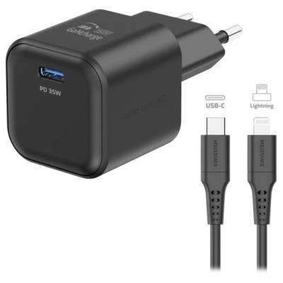 Swissten síťový adaptér gan 1x usb-c 35w power delivery černý + datový kabel usb-c/lightning 1,2 m černý