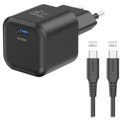 Swissten síťový adaptér gan 1x usb-c 35w power delivery černý + datový kabel usb-c/usb-c 1,2 m černý