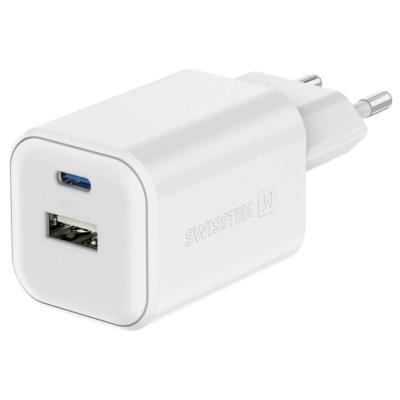 Swissten síťový adaptér gan 1x usb-c 45w pd + 1x usb-a 18w qc bílý