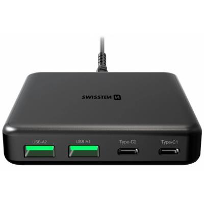 Swissten mini desktop adaptér gan 2x usb-c + 2xusb 65w power delivery černý