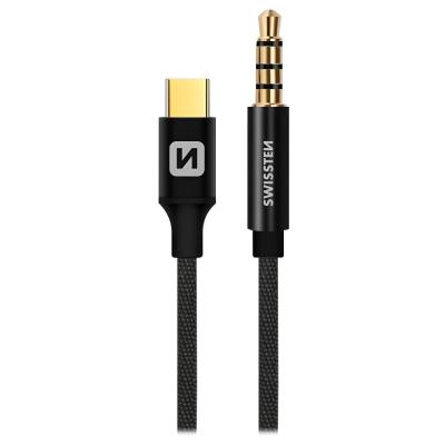 Swissten audio adaptértextile usb-c (samec)/3,5 mm jack (samec) 1,5m černý