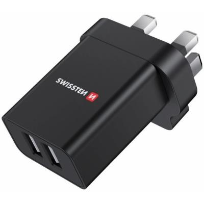 Swissten síťový adaptér 2x usb 10,5w pro uk zásuvku černý