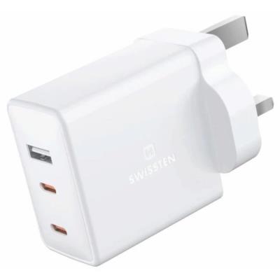Swissten síťový adaptér gan 2x usb-c + 1x usb 70w pro uk zásuvku