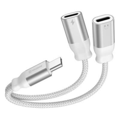 Swissten nabíjecí audio adaptértextile usb-c (samec) / 2x usb-c (samice) 0,12 m bílý