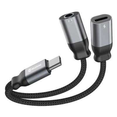 Swissten nabíjecí audio adaptértextile usb-c (samec) / usb-c (samice) a 3,5mm aux 0,12 m černý