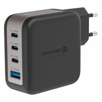 Swissten síťový adaptér gan 3x usb-c 100w pd + 1x usb-a 18w qc černý