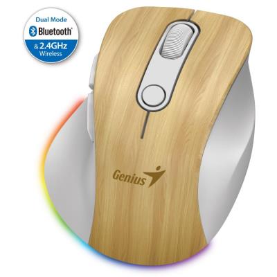 GENIUS Ergo 9000S Pro Pine Wood/ duální Bluetooth+2,4GHz/ 2400dpi/ bezdrátová/ 6 tlačítek/ dobíjecí/ RGB/ barva borovice