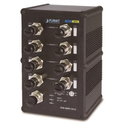 Planet vodotěsný průmyslový switch, 8x100Mb M12, -40~+75°C, IP67, 12-48VDC