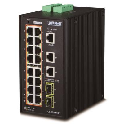 Planet IGS-20160HPT L3 switch, 18x1Gb, 2x2.5Gb SFP, 16x PoE 802.3at 320W, dual 48-56VDC, -40~75°C, IP30