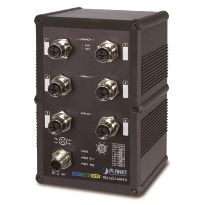 Planet IGS-5227-6MT-X vodotěsný průmyslový L3 switch, 6x1Gb M12, 9-48VDC, -40~75°C, IP67, EN50155