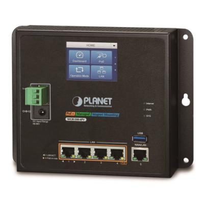 Planet WGR-500-4PV, průmyslový PoE router, 1xWAN+4xLAN 1Gbps, PoE 802.3at 120W, DIN, dual 48-56VDC, -10až60°C, touch LCD