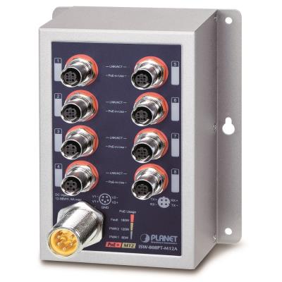 Planet Průmyslový PoE switch 8x 100Mb, PoE 802.3at 36W/180W, IP50, -40~+75°C, 12-56VDC, M12 konektory