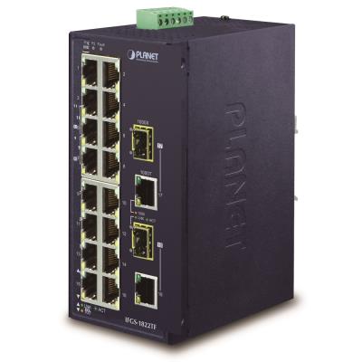 Planet IFGS-1822TF průmyslový switch, 16x100M + 2x1Gb/SFP, -40 až 75st.C, dual 9-48VDC, IP30, fanless