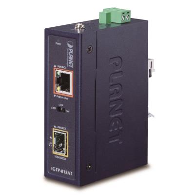 Planet IGTP-815AT konvertor RJ45/SFP, 1Gbps, PoE injektor 802.3at, -40 až 75 st.C, IP30, EFT+ESD, malý rozměr