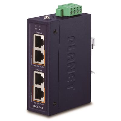 Planet IPOE-260 PoE průmyslový injektor, 2x port, 4x1Gb, 2x 802.3at 36/72W, DIN, IP30, -40~75°C, dual power 48-56VDC