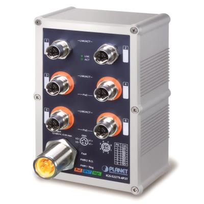 Planet IGS-5227X-4P2T vodotěsný průmyslový L3 switch, 6x1Gb M12, 4x PoE 802.3at 144W, 12-56VDC, -40~75°C, IP67, EN50155