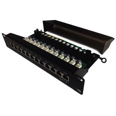 XtendLan Patch panel 10", 12 portů, 1U, Cat6, stíněný, LSA, vodorovné umístění konektorů, zemnič, černý