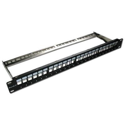 XtendLan Patch panel 19", 24 portů, neosazený, stíněný, černý, Cat5e/6/6A/7, vyvazovák