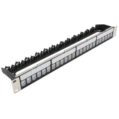 XtendLan Patch panel 19", 24 portů, neosazený, stíněný, černý, Cat5e/6/6A/7, vyvazovák