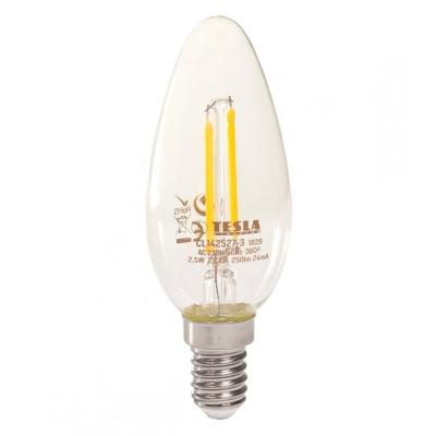 TESLA LED žárovka FILAMENT RETRO svíčka/ E14/ 2,5W/ 230V/ 250lm/ 2700K/ teplá bílá/ čirá